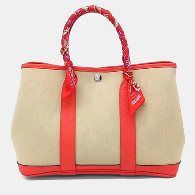 Pre-owned Hermes Beige Red Fabric Garden Party 30 & Twilly In Sand