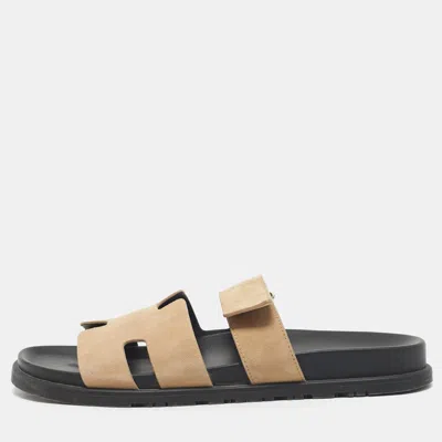 Pre-owned Hermes Beige Suede Chypre Sandals Size 44