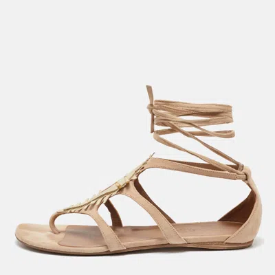 Pre-owned Hermes Beige Suede Coquillage Caged Flat Sandals Size 37.5