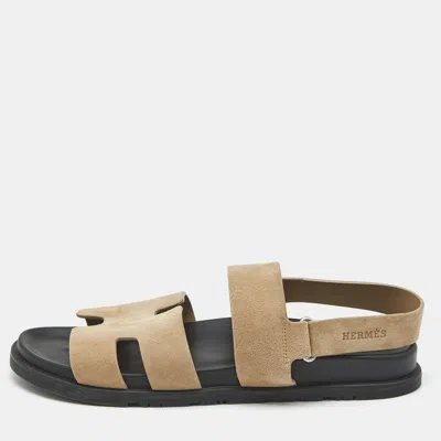 Pre-owned Hermes Beige Suede Genius Flat Sandals Size 44.5