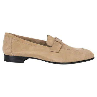 Pre-owned Hermes Beige Suede Paris Loafers Flats Shoes 37.5 In Brown