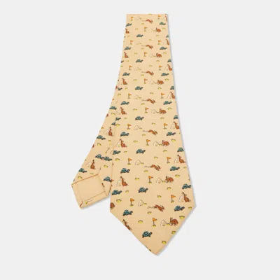 Pre-owned Hermes Beige Turtle & Hare Race Print Silk Tie