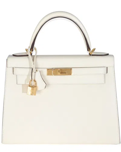 Pre-owned Hermes Hermès Beige/white Epsom Sellier Leather Kelly 28 Ghw (authentic Pre-loved)