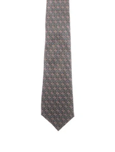 Pre-owned Hermes Belt Buckle Motif Pattern Print Necktie In Gray