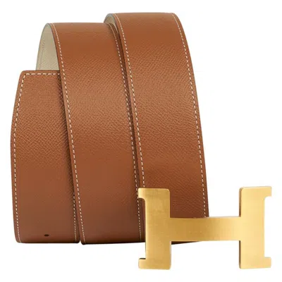 Pre-owned Hermes Belt Constance 42 Mm Gold / Craie Brushed Gold Buckle 105 In Brown