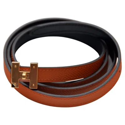 Pre-owned Hermes Belt H Kelly 13 Mm Swift/epsom Noire/orange New Sz 90 In Brown
