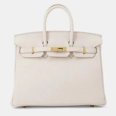 Pre-owned Hermes Beton Togo Leather Birkin 25 Tote Bag In White