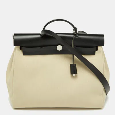 Pre-owned Hermes Hermès Beton/black Toile Canvas And Vache Hunter Leather Herbag Zip 39 Bag In Beige