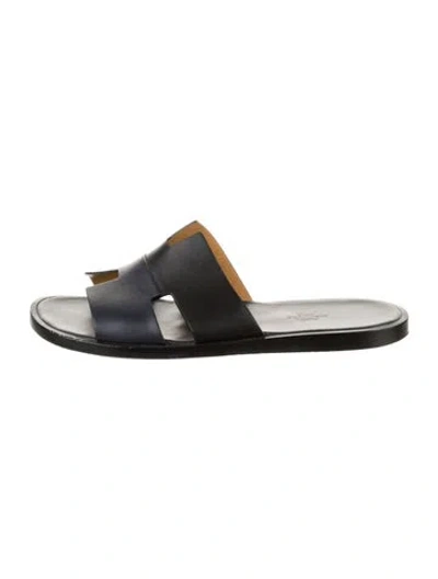 Pre-owned Hermes Bicolor Izmir H Logo Slides In Black/blue
