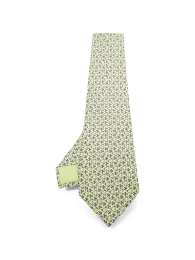 Pre-owned Hermes Bird-print Silk Tie In Green