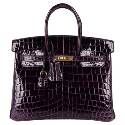 Pre-owned Hermes Birkin 25 Bag Aubergine Crocodile Gold Hardware In Black