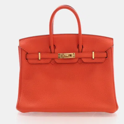 Pre-owned Hermes Birkin 25 Feu Togo Calfskin Leather Top Handle Bag In Red