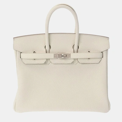 Pre-owned Hermes Birkin 25 Mushroom Palladium Hardware B Engraved (around 2023) Women's Togo Handbag In White