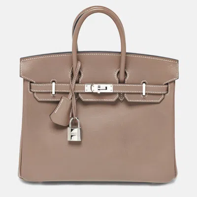Pre-owned Hermes Birkin 25 Palladium Finish Etoupe Tadelakt Leather Tote In Gray