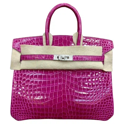 Pre-owned Hermes Birkin 25 Shiny Crocodile Porosus White Gold With Diamonds Bag