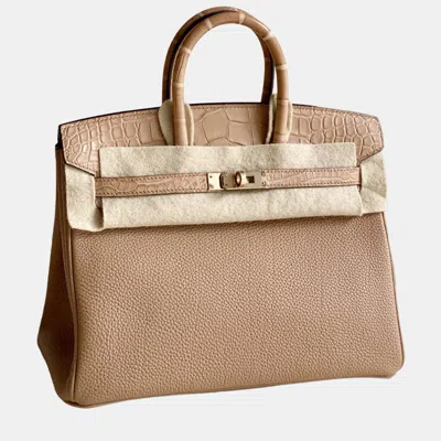 Pre-owned Hermes Birkin 25 Touch 0m Chai Pale-gold Hardware Matte Crocodile And Togo Leather U Stamp Ref 0719001 In Brown