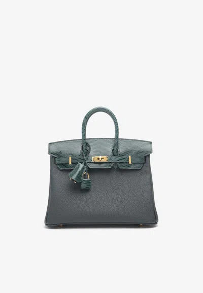 Hermes Birkin 25 Touch In Vert Rousseau Togo And Vert Cypres Shiny Nilo Lizard With Gold Hardware