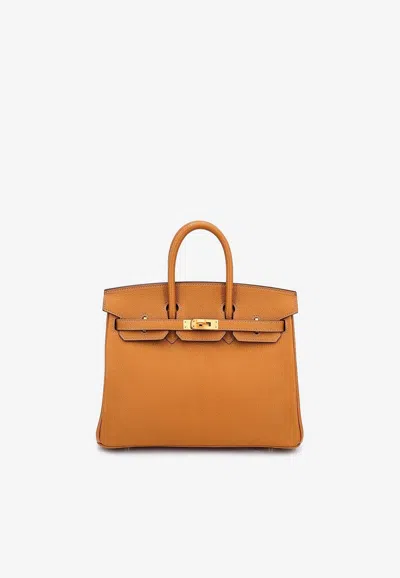 Hermes Birkin 25 Verso In Caramel And Jaune Ambre Chevre Leather With Brushed Gold Hardware In Brown