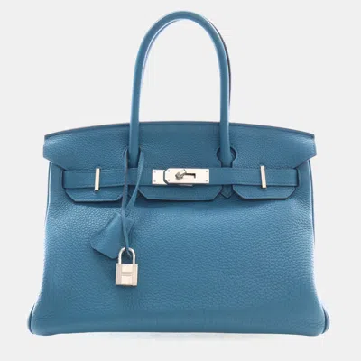 Pre-owned Hermes Birkin 30 Bleu Izmir Togo Calfskin Leather Top Handle Bag In Blue