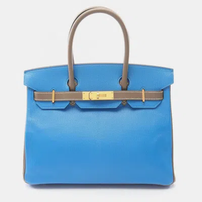 Pre-owned Hermes Birkin 30 Blue Hydra/etoupe Grey Chevre Leather Tote Bag