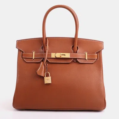 Pre-owned Hermes Birkin 30 Fauve Barenia Faubourg Leather Top Handle Bag In Gold