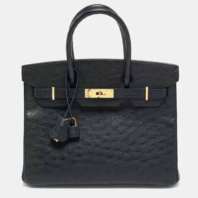 Pre-owned Hermes Birkin 30 Rose Gold Finish Noir Ostrich Tote In Black