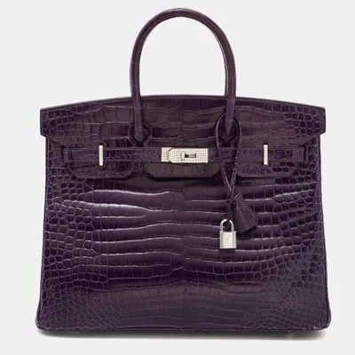 Pre-owned Hermes Hermès Birkin 35 18k White Gold Diamond Amethyst Porosus Crocodile Tote In Purple