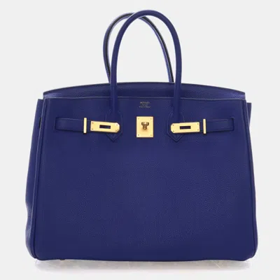 Pre-owned Hermes Birkin 35 Bleu Ãlectrique Togo Calfskin Leather Top Handle Bag In Blue