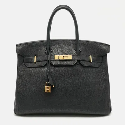 Pre-owned Hermes Hermès Birkin 35 Gold Finish Black Fjord Leather Tote