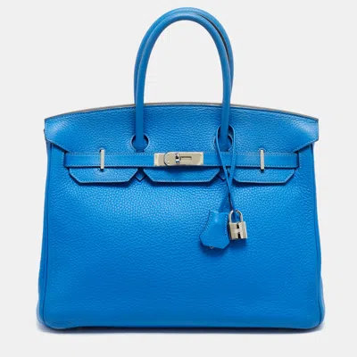 Pre-owned Hermes Hermès Birkin 35 Palladium Finish Bleu Hydra Taurillon Clemence Leather Tote In Blue
