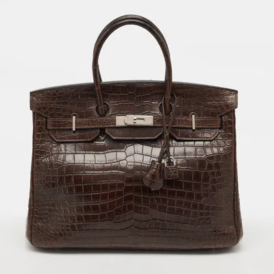 Pre-owned Hermes Birkin 35 Palladium Finish Gris Elephant Porosus Crocodile Bag In Brown