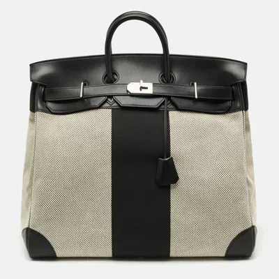 Pre-owned Hermes Birkin Hac Flag 50 Palladium Finish Noir/ecru Toile And Evercalf Leather Tote In Black