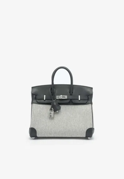 Pre-owned Hermes Birkin Quadrille 25 In Black Swift Leather And Ecru, Black Toile With Palladium Hardware