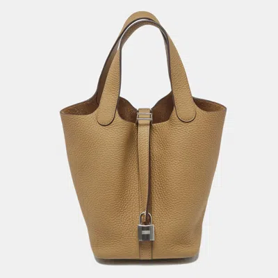 Pre-owned Hermes Hermès Biscuit Taurillon Clemence Leather Picotin Lock 18 Bag In Sand