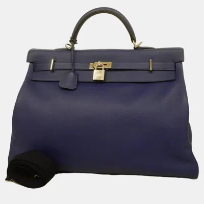 Pre-owned Hermes Biyo Blue Electric Taurillon Kelly 50 D Engraved Ladies Handbag In Navy Blue