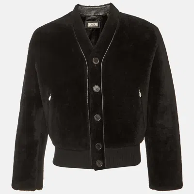 Pre-owned Hermes Blac Fur & Leather Button Front Oversized Jacket S In Black