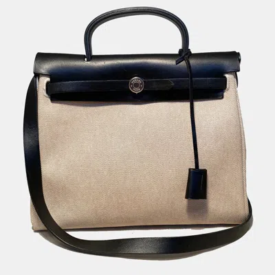 Pre-owned Hermes Black And Beige Canvas Herbag Tote