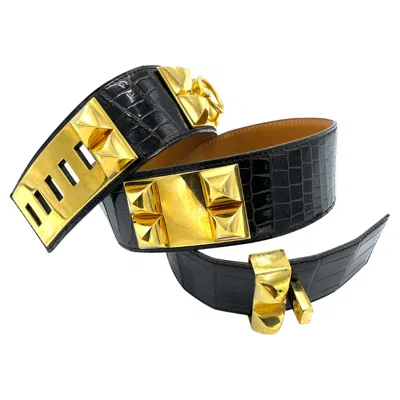 Pre-owned Hermes Black And Gold Belt Crocodile Medor