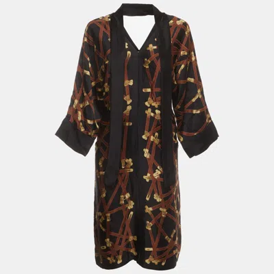 Pre-owned Hermes Hermès Black Belt Print Silk Neck Tie Dress S