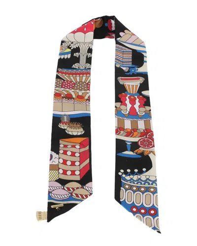 Pre-owned Hermes Hermès Black Blanc Bleu La Patisserie Francaise Silk Twilly (authentic Pre-  Loved)