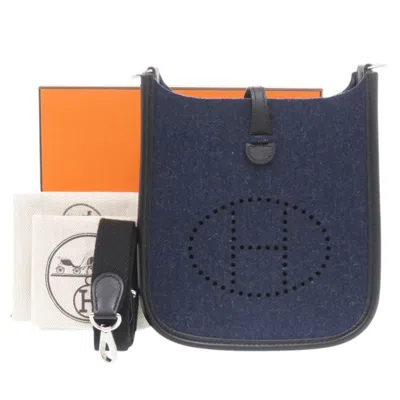 Pre-owned Hermes Black Blue Blue Nuit Felt Swift Leather Shoulder Bag ()