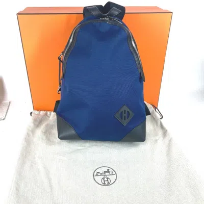 Pre-owned Hermes Black Blue Canvas Leather Backpack () In Black, Blue