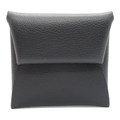 Pre-owned Hermes Black Blue Nuit Evercalf Leather Leather Coin Purse/coin Case () In Black, Blue Nuit