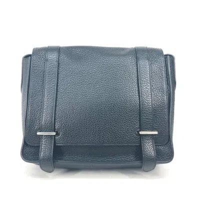 Pre-owned Hermes Black Blue Taurillon Clemence Leather Messenger Bag Shoulder Bag () In Black, Blue