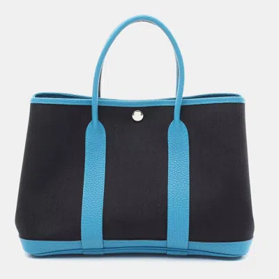 Pre-owned Hermes Garden Party Tpm Tote Bag Toile Military Negonda Leather Black Blue