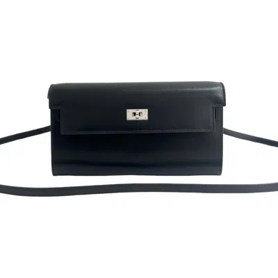 Pre-owned Hermes Black Box Calf Leather Chain/shoulder Wallet ()