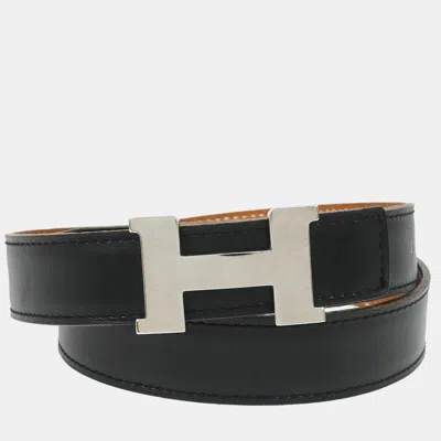 Pre-owned Hermes Black/brown Box Calf Small Reversible Constance Belt Size 70