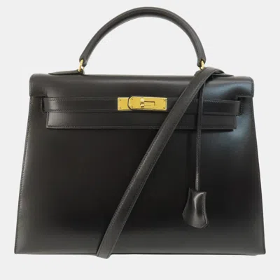 Pre-owned Hermes Black Box Calf Leather Kelly 32 Handbag