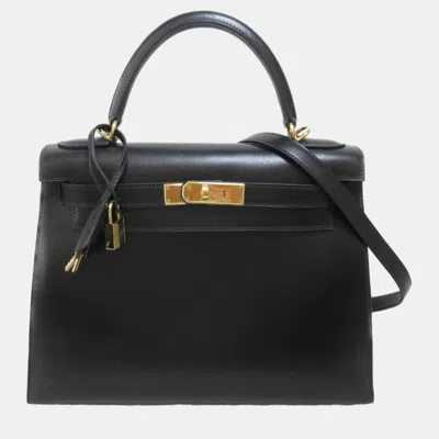 Pre-owned Hermes Black Box Calf Leather Kelly Handbag