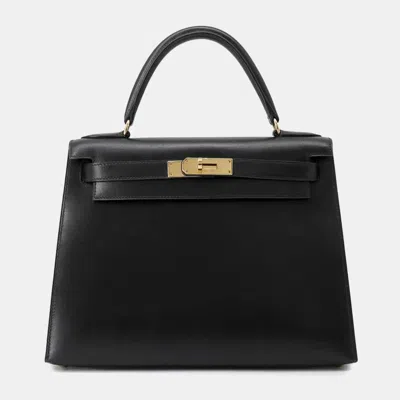 Pre-owned Hermes Kelly Sellier Black Box Calf Leather Size 28